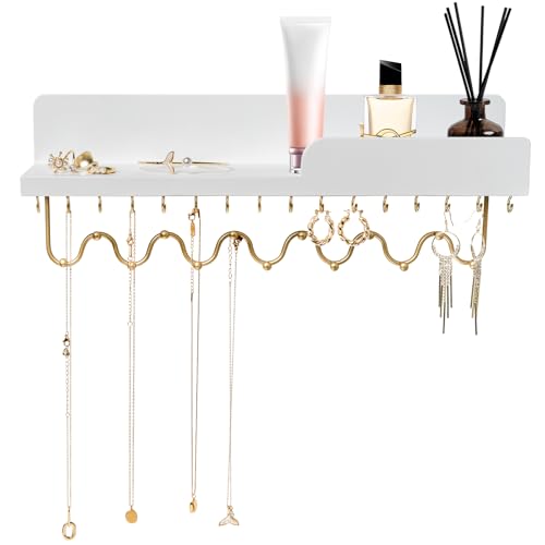 29 Hooks Wall Mount Necklace Holder Organizer, White Decorative Wood Jewelry Shelf with Gold Metal Wave Bar and Guardrail for Necklace, Pendant, Chain, Bracelet, White - color: White