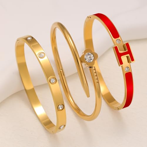 3Pcs Gold Bracelets for Women 14K Gold Plated Love/H/Nail Bangle Bracelet Dainty Non Tarnish Bracelet Jewelry Christmas Mothers Day Gifts for Women - color: 3Pcs Gold/Red H bracelet