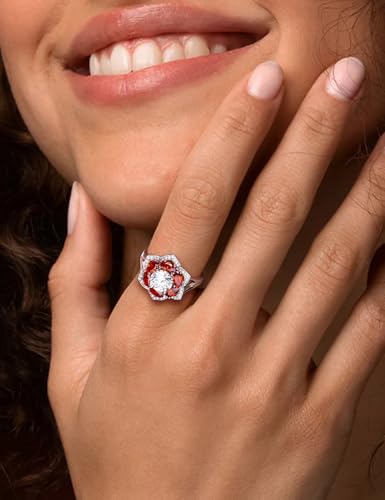 Flower Engagement Promise Ring Sterling Silver Birthstone Rings for Women Sapphire/Emerald/Ruby Gemstone Six Leaf Clover Statement Cocktail Ring Size 6 to 10 - style: 01. January-Created Garnet