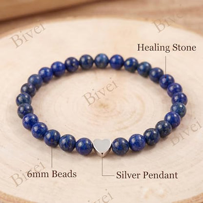 Bivei Crystal Stretch 6mm Bracelets for Women | Handmade Natural Stone Beaded Stretch Bracelet, Stainless Steel Heart Bead, Tranquility Yoga Gift Jewelry for Women - color: Lapis Lazuli - Wisdom