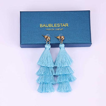 BaubleStar Bohemian Layered Tassel Drop Earrings for Women | Lightweight Statement Party Festival Jewelry - color: Sky Blue