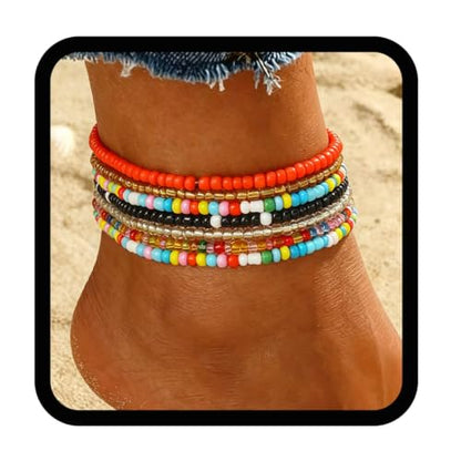 Yalice 7Pcs Beaded Ankle Bracelets for Women Dainty Layering Anklets Set Boho Waterproof Ankle Jewelry for Summer Beach