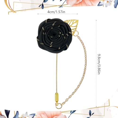 Gold Lapel Pin for Men, Gold Foil Brooch Men's White Flower Satin Lapel Pin with Metal Chain for Suits Professional Tuxedo Groom Wedding Brooch - color: Black