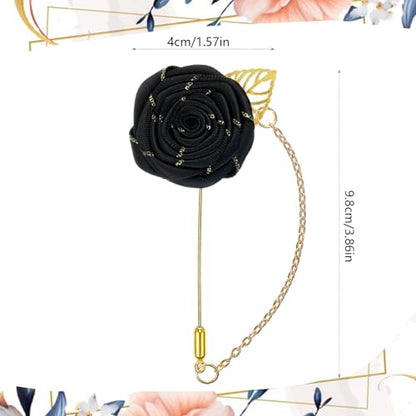 Gold Lapel Pin for Men, Gold Foil Brooch Men's White Flower Satin Lapel Pin with Metal Chain for Suits Professional Tuxedo Groom Wedding Brooch - color: Black