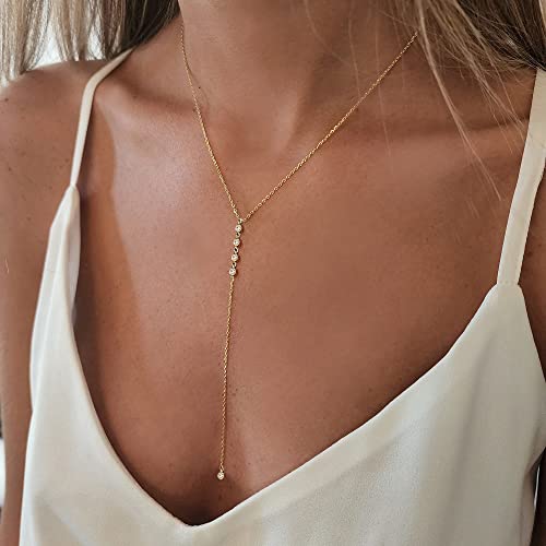 Gold Necklace for Women, Dainty Long Necklace 14k Gold Plated Lariat Long Necklaces for Women Trendy Simple Statement Drop Necklace Fashion Body Chain Prom Jewelry Gold Accessories - color: 13-Gold
