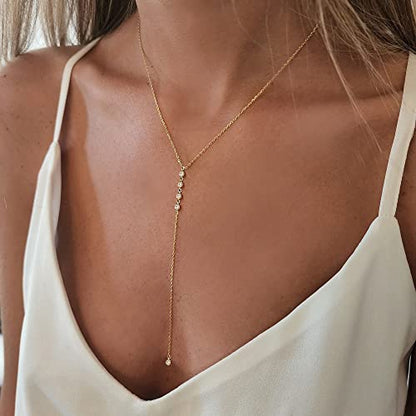 Gold Necklace for Women, Dainty Long Necklace 14k Gold Plated Lariat Long Necklaces for Women Trendy Simple Statement Drop Necklace Fashion Body Chain Prom Jewelry Gold Accessories - color: 13-Gold