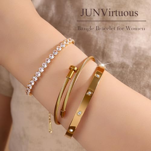 JUNVirtuous 3-Pack Gold Bracelets for Women,18K Gold Plated Bangle Tennis Bracelets Stack Set for Women Trendy Non Tarnish Stainless Steel Gold Bangles Accessories Designer Jewelry Pulseras Para Mujer