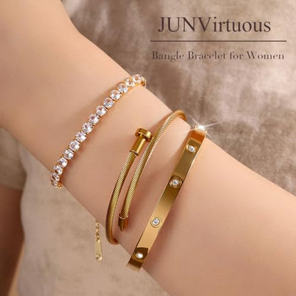 JUNVirtuous 3-Pack Gold Bracelets for Women,18K Gold Plated Bangle Tennis Bracelets Stack Set for Women Trendy Non Tarnish Stainless Steel Gold Bangles Accessories Designer Jewelry Pulseras Para Mujer