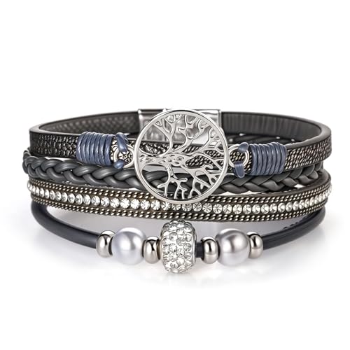 hotoo Leather Wrap Bracelets for Women Tree of Life Cuff Bracelets Pearl Rhinestone Bead Multi-Layer Bracelets Bohemian Jewelry Gift for Women - color: Gray