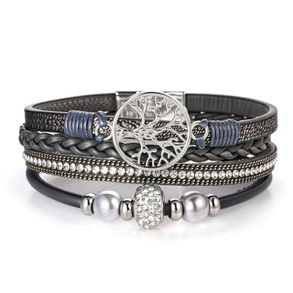 hotoo Leather Wrap Bracelets for Women Tree of Life Cuff Bracelets Pearl Rhinestone Bead Multi-Layer Bracelets Bohemian Jewelry Gift for Women - color: Gray