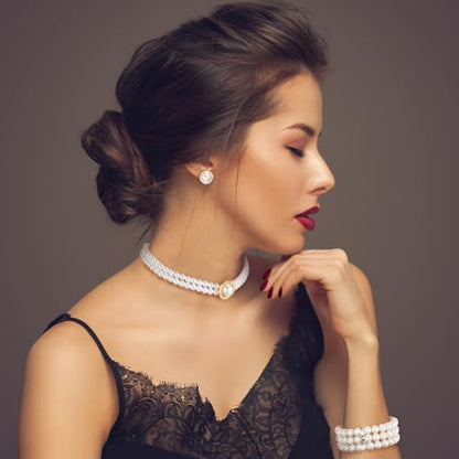 Glenmal Pearl Rhinestone Jewelry Set for Women Pearl Necklace Bracelet Earrings for Wedding Halloween Bridal Shower Tea Party - style: Trendy Style
