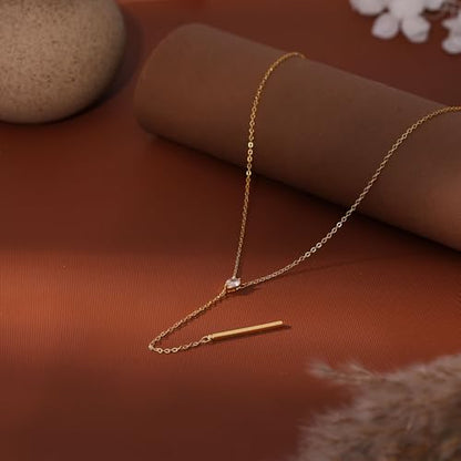 Ewrkbr Long Necklaces for Women, Dainty Gold Drop Necklace 14k Gold Plated CZ Y Shaped Lariat Necklace Simple Gold Necklaces for Women Trendy Summer Beach Accessories Wedding Prom Jewelry Gifts - color: Gold-Bar Drop