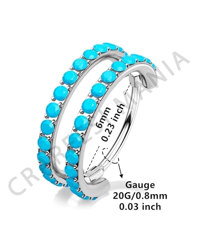 Nose Ring Hoop, 316L Stainless Steel Double Nose Rings, 20G Nose Piercing Jewelry for Women, Clear CZ Helix Cartilage Septum Nose Hoops - color: Turquoise-Silver-6mm