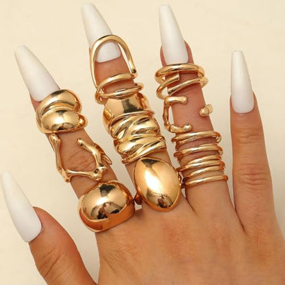 Chunky Gold Rings for Women Rhinestone Stackable Knuckle Ring Set Open Adjustable Statement Ring Set Dainty Crown Cross Midi Rings Fashion Jewelry Gift for Women - color: Gold6
