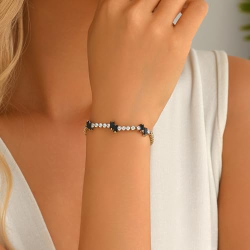 18K Gold Plated Cubic Zirconia Tennis Bracelet for Women Sparkling Stackable Stainless Steel Jewelry Hypoallergenic Tarnish Resistant Bridal Gift - color: Black Baguette CZ-Gold