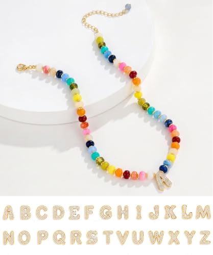 Colorful Beaded Initial Necklace for Women - Colorful Letter A-Z Necklaces, 14K Gold Plated Zirconia Bubble Letter Charm, Women Gold Jewelry Personalized Birthday Gifts - color: A