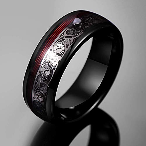 Vakki 8mm Black Tungsten Ring for Men with Celtic Spiral and Red Guitar String Inlaid Wedding Band Comfort Fit Size 7-12.5