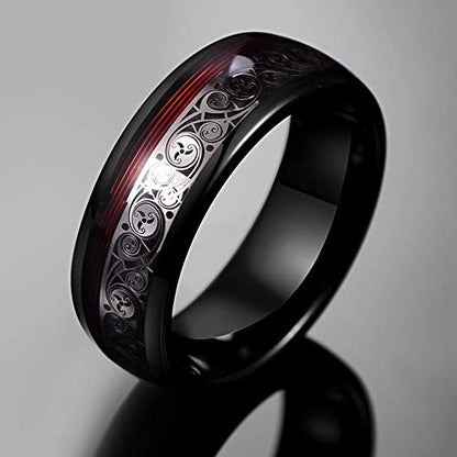 Vakki 8mm Black Tungsten Ring for Men with Celtic Spiral and Red Guitar String Inlaid Wedding Band Comfort Fit Size 7-12.5
