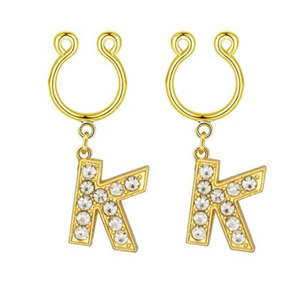 2Pcs Fake Nipple Rings Name Initial Letter Nipple Clamps for Women Non Piercing Beginner Cubic Zirconia Non Piercing Nipple Jewelry - color: K