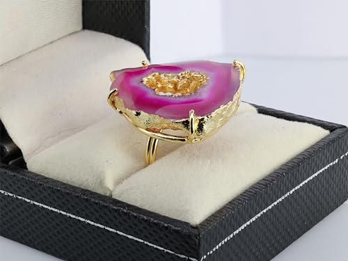 Ring Geode Druzy Slice Unique And Stylish Statement Gold Plated Jewelry Natural Gemstone Stone size 25-35 mm Approximately Adjustable Shank US Scale Size 6-9 - color: Pink