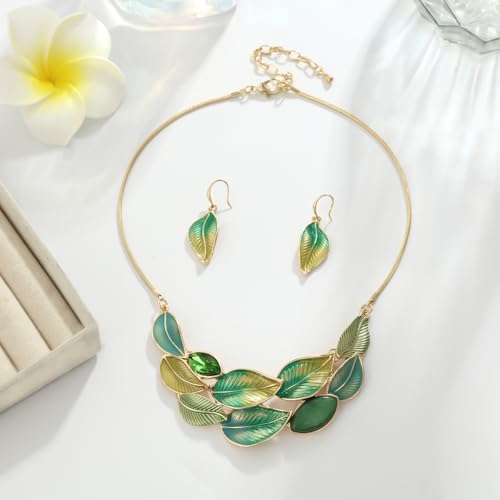 Vintage Statement Jewelry Set - Chunky Flower Floral Plant Geometric Resin Bib Necklace Earring Set Bohemian Boho Crystal Rhinestone Fashion Jewelry for Women Bridal Party Prom Unique Gift - style: MLJS2605-Green