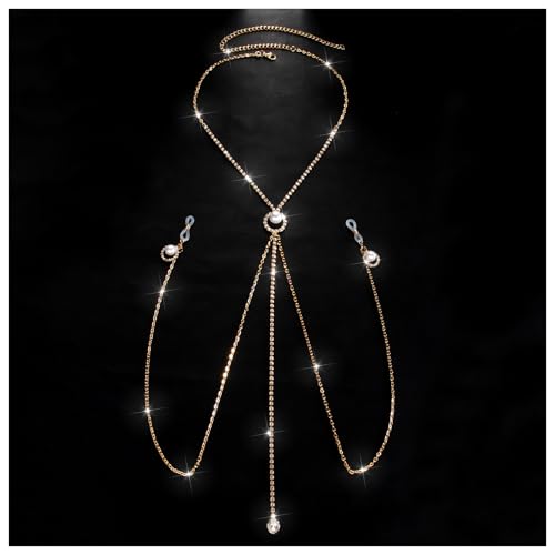 Sexy Rhinestone Pearl Tassel Non Piercing Nipple Chain Jewelry for Women Crystal Drop Chest Chain Festival Rave Nipple Body Jewelry for Party - color: Gold