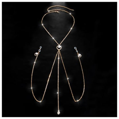 Sexy Rhinestone Pearl Tassel Non Piercing Nipple Chain Jewelry for Women Crystal Drop Chest Chain Festival Rave Nipple Body Jewelry for Party - color: Gold