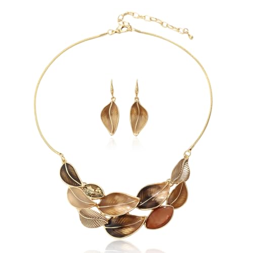 Vintage Statement Jewelry Set - Chunky Flower Floral Plant Geometric Resin Bib Necklace Earring Set Bohemian Boho Crystal Rhinestone Fashion Jewelry for Women Bridal Party Prom Unique Gift - style: MLJS2605-Brown