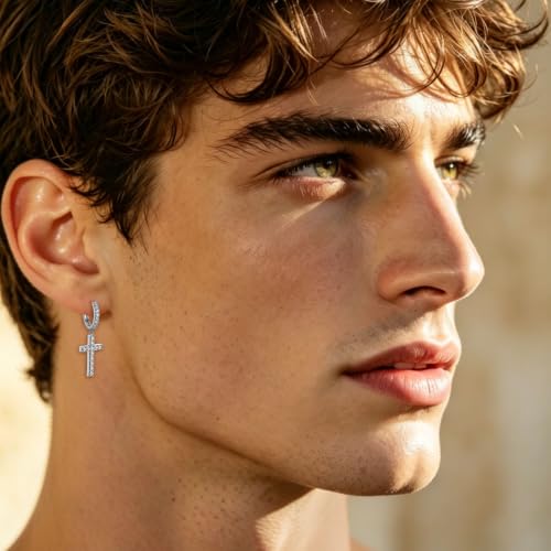 NEWITIN CZ Cross Earrings for Men Women 14K Gold Plated Huggie Hoop Earring | Hypoallergenic, 5A+ Cubic Zirconia, Cartilage Earring, Sensitive Ears, Silver Gold, Men Hoops Dangling, Cross Diamond Earring - color: Silver B