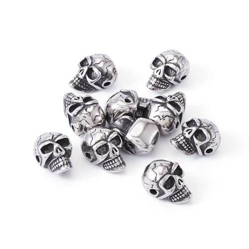 Elecrelive 10Pcs Skeleton Skull Beads Stainless Steel Skull Head Beads Halloween Charms for Gothic Necklace Bracelets Earrings Jewelry Making - color: Steel Color