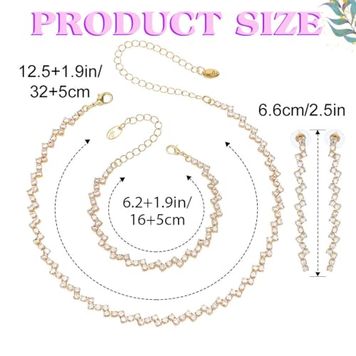 JEAIRTS Rhinestone Tennis Chain Choker Necklace Jewelry Sets for Women | 3Pcs Diamond Bridal Necklace Earrings and Bracelet for Wedding Prom - color: 2-Gold
