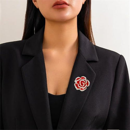 coadipress 4 Pcs Camellia Flower Brooch Pin for Women Ladies Crystal Rhinestone Black Red Floral Brooches Dress Clothing Accessory Wedding Party Birthday Jewelry - color: Red