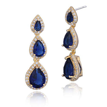 Women's Cubic Zirconia Bridal Earrings - Elegant Long Wedding Party Prom Earring for Bride Bridesmaids Crystal CZ Rhinestone Chandelier Statement Dangle Drop Earrings for Women - color: Blue
