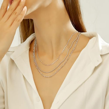 wgoud Gold Necklace for Women Waterproof,14K Real Gold Plated Herringbone Choker Necklace for Women Trendy, Dainty Gold Chain Necklaces Stack,Simple Layered Gold Necklaces for Women Jewelry Gifts - color: 3Pcs Silver Necklace A