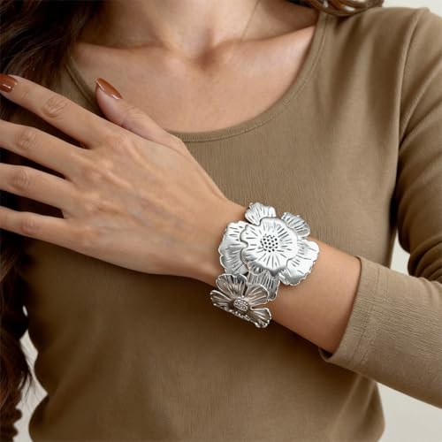 YWMAN Silver Flower Cuff Bracelet, Metallic Floral Chunky Bracelet for Women - color: Flower 4