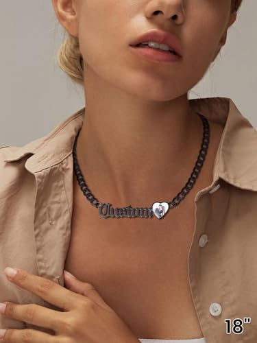 GoldChic JEWELRY Name Necklace Personalized for Men, Womens Custom Name Plate Chain, Stainless Steel Customized Old English Nameplate Choker with Curb Chains Custom, 16 inches to 30 inches - color: Photo & Cuban Chain 6 mm -Black