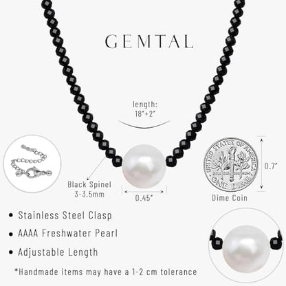 Single Pearl Choker Pendant Necklaces for Women, Natural Gemstone Womens Black Stone Beaded Choker Necklace, Dainty Round Freshwater Pearl Handmade Jewelry Gift Women Birthday Bridesmaids Anniversary 16 18 inch - color: 01-black/white, size: 18"