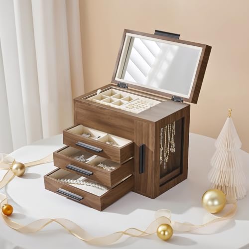 HOOBRO Jewelry Box with Mirror, Wooden Jewelry Organizer Box with Side Clear Acrylic Panel, Large Jewelry Case for Earrings, Necklaces, Rings, Watches, Walnut BH22JB04