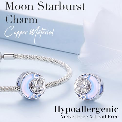 Celestial Bead Charms for Bracelets, Star Moon Dreamcatcher Dangle Charms, Silver Tone Copper, Glass Resin CZ Accents, Charm Beads for Women Jewelry Making, Gift Box Included - color: Moon Star Round Bead Charm