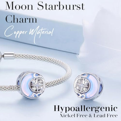 Celestial Bead Charms for Bracelets, Star Moon Dreamcatcher Dangle Charms, Silver Tone Copper, Glass Resin CZ Accents, Charm Beads for Women Jewelry Making, Gift Box Included - color: Moon Star Round Bead Charm