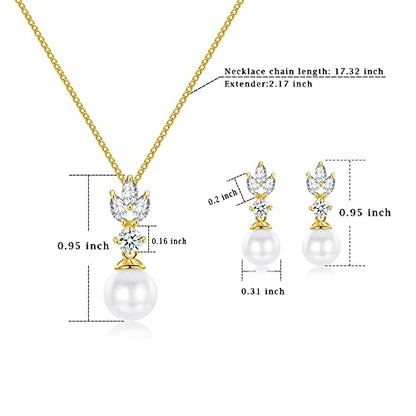 Wedding Jewelry for Bride Bridesmaid, Pearl Dangle Earrings and Pendant Necklace Set Bridal Jewelry for Promise Wedding Party - color: 4.2#gold-Necklace/Earrings