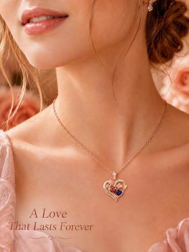 Double Birthstone Necklace for Women Rose Gold Heart Pendant | Flower Necklace Romantic Jewelry Anniversary Wedding Engagement Birthday Gifts for Women Wife Mom 18"+2" adjustable Chain