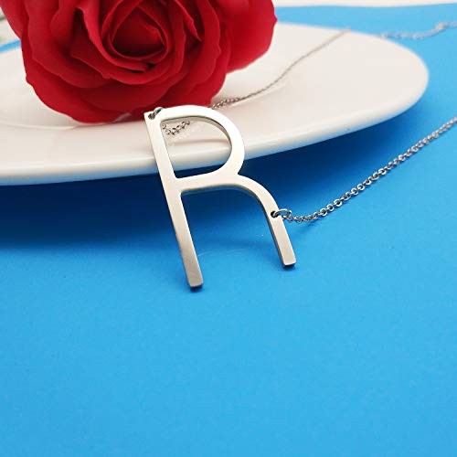 MOMOL Sideways Initial Necklace 18K Gold Plated Stainless Steel Large Big Letters Pendant Necklace Script Name Monogram Necklaces for Women - color: R