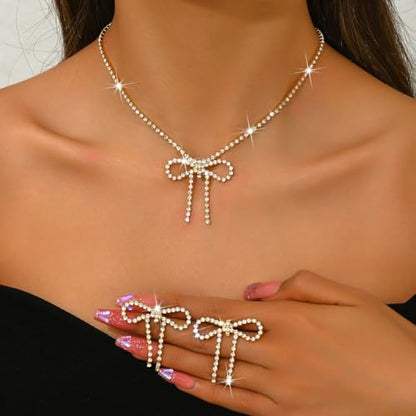 Gold Rhinestone Jewelry Set for Women Crystal Choker Necklaces Drop Earrings Adjustable Bracelet Elegant Prom Bridal Jewelry - color: Gold A