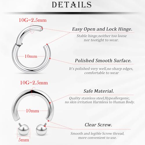 18G-2G Septum Rings 316L Surgical Steel Horseshoe Gauges Earrings Septum Nose Ring Silver Cartilage Helix Tragus Daith Rook Earring Hoop Lip Piercing Jewelry for Women Men - style: 10G(2.5mm)-Dia:10mm