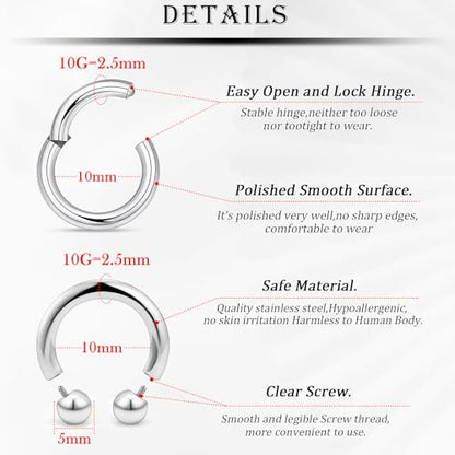 18G-2G Septum Rings 316L Surgical Steel Horseshoe Gauges Earrings Septum Nose Ring Silver Cartilage Helix Tragus Daith Rook Earring Hoop Lip Piercing Jewelry for Women Men - style: 10G(2.5mm)-Dia:10mm