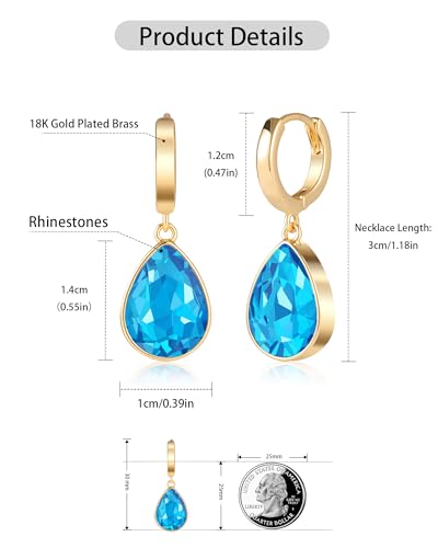 Crystals Teardrop Dangle Drop Earrings, 18K Gold Plated Hoop Earrings Zirconia Jewelry for Women Gifts - color: Blue