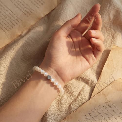 Bivei Crystal Stretch 6mm Bracelets for Women | Handmade Natural Stone Beaded Stretch Bracelet, Stainless Steel Heart Bead, Tranquility Yoga Gift Jewelry for Women - color: Moonstone - Receptive