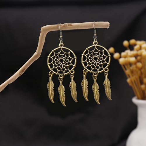 Blue Turquoise Dream Catcher Feather Earrings for Women Vintage Bohemian Western Jewelry - style: Gold Dream Catcher