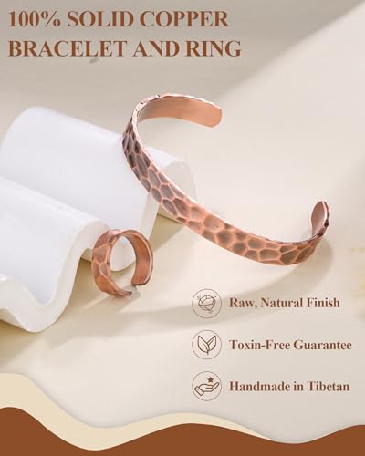 Pure Copper Bracelet and Ring Set – Copper Bracelet for Men & Women – 100% Solid, Raw & Uncoated Handmade Hammered Tibetan Cuff Bangle - color: copper079